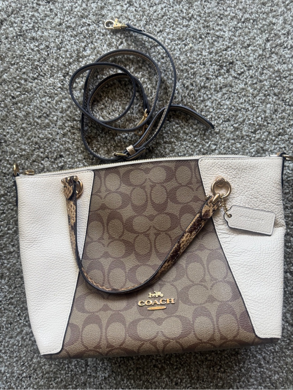 Coach Brown pebbled leather Tote with Cream Leather Panels